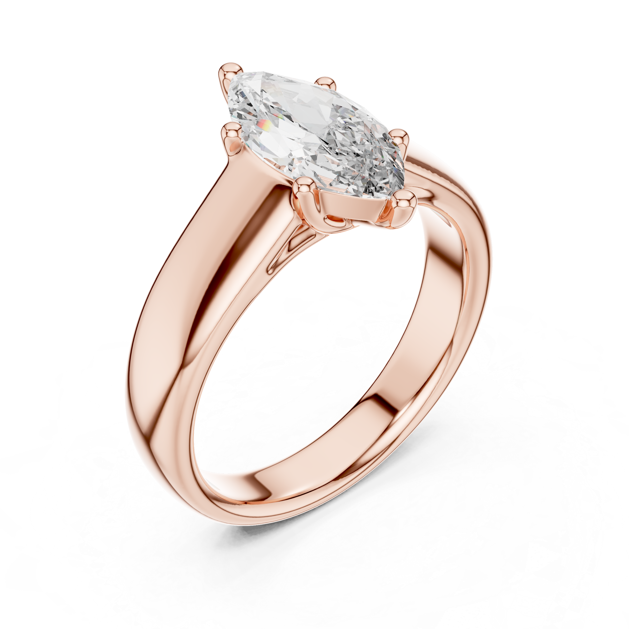 Rose gold ring with a marquise-shaped diamond on a white background